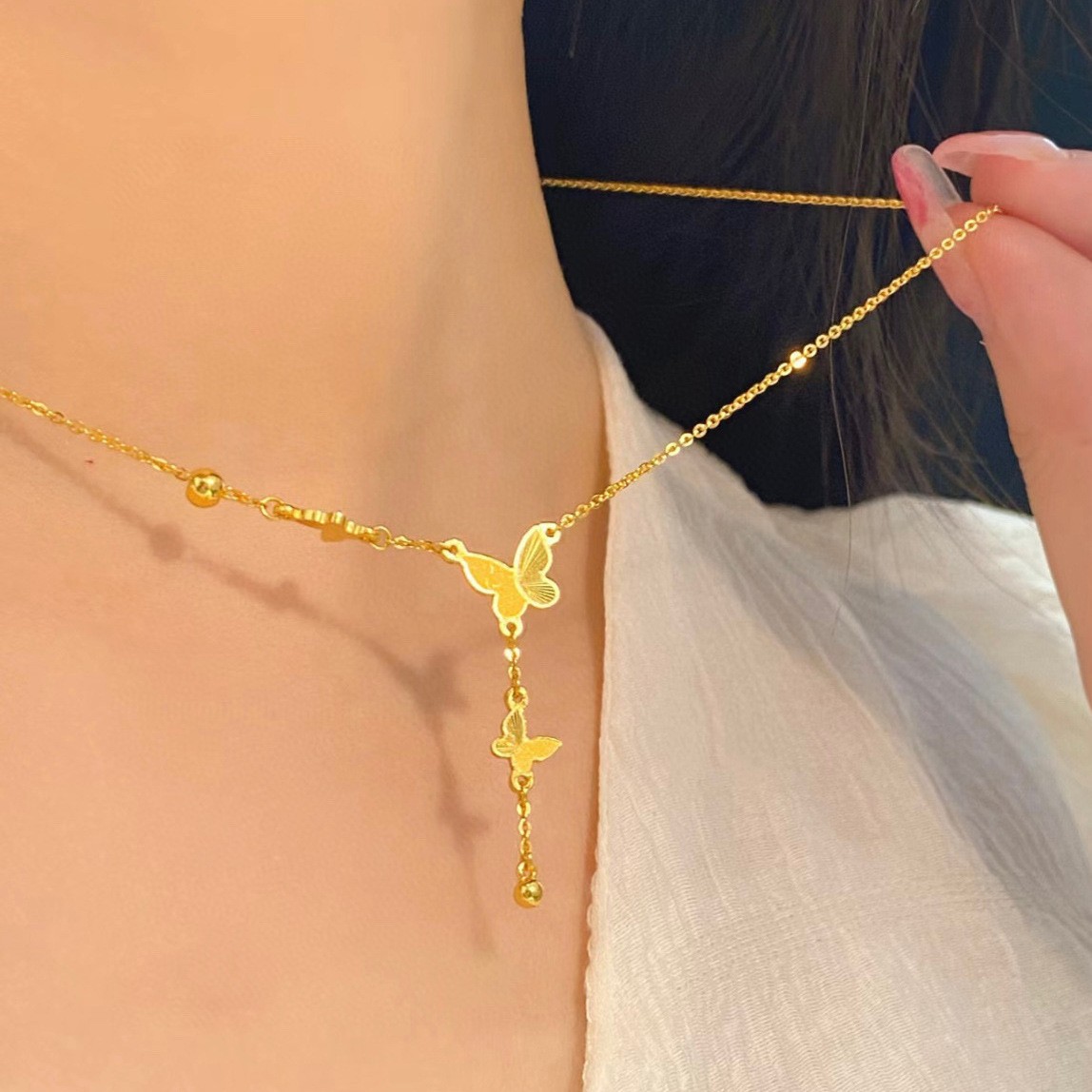 Romantic Gold Butterfly Y Pendant Necklace for Women – Titanium Steel Jewelry