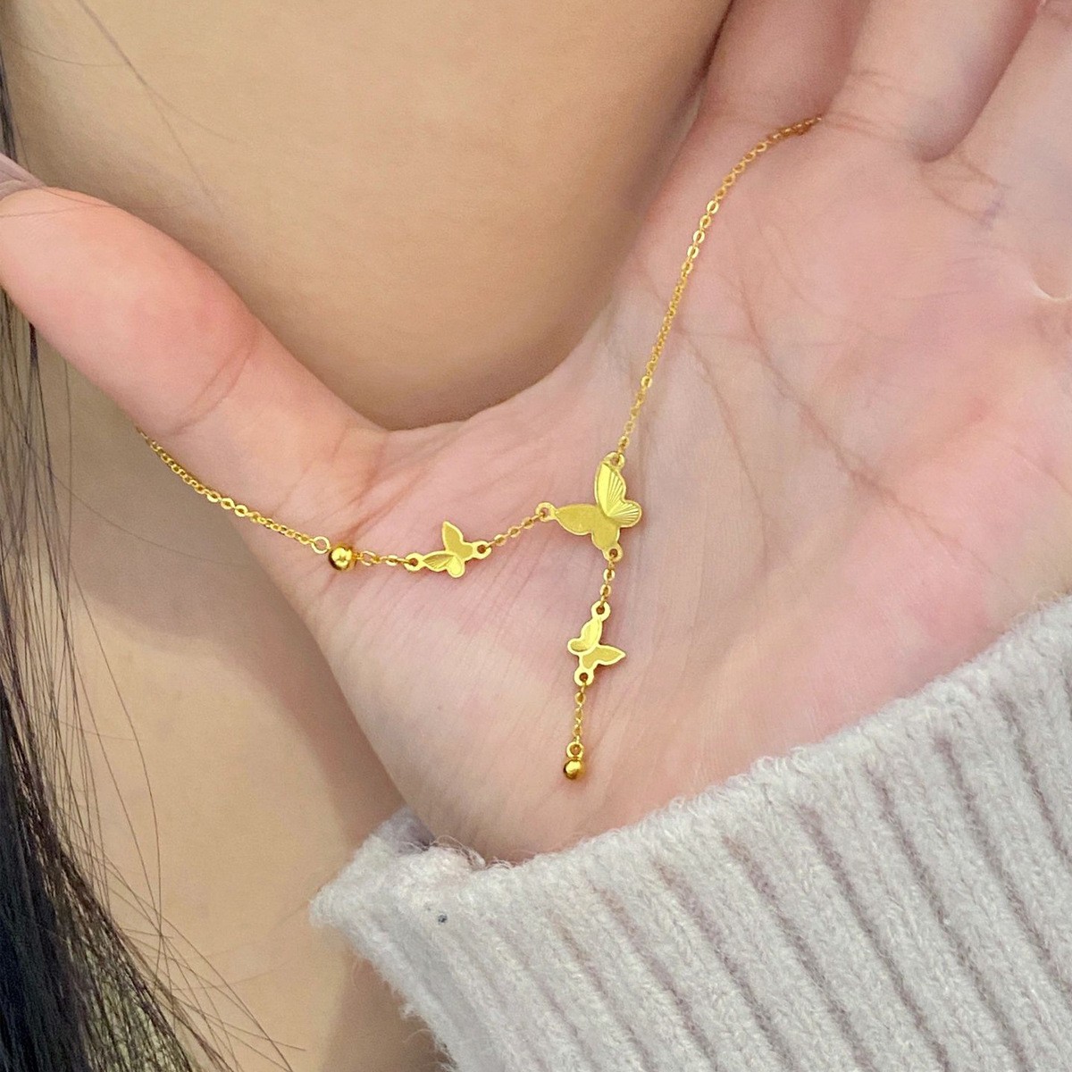 Romantic Gold Butterfly Y Pendant Necklace for Women – Titanium Steel Jewelry