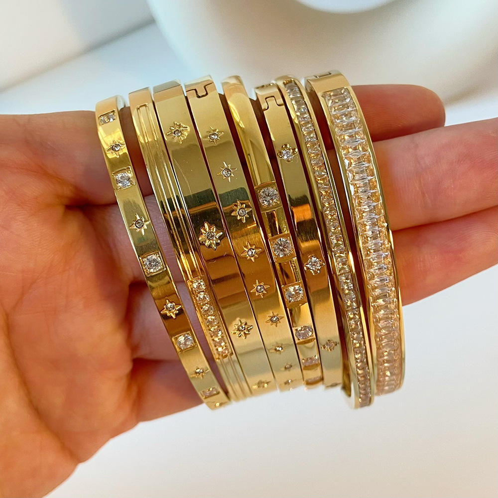 COOL Stainless Steel 18K Gold Plated Tarnish Free Waterproof Jewelry Clover Stackable Bracelets Bangle for Women