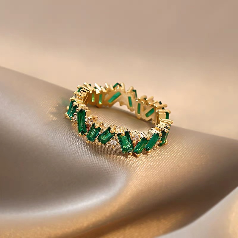 Emerald Green CZ Zircon Eternity Ring for Women – Gold-Plated Copper Band