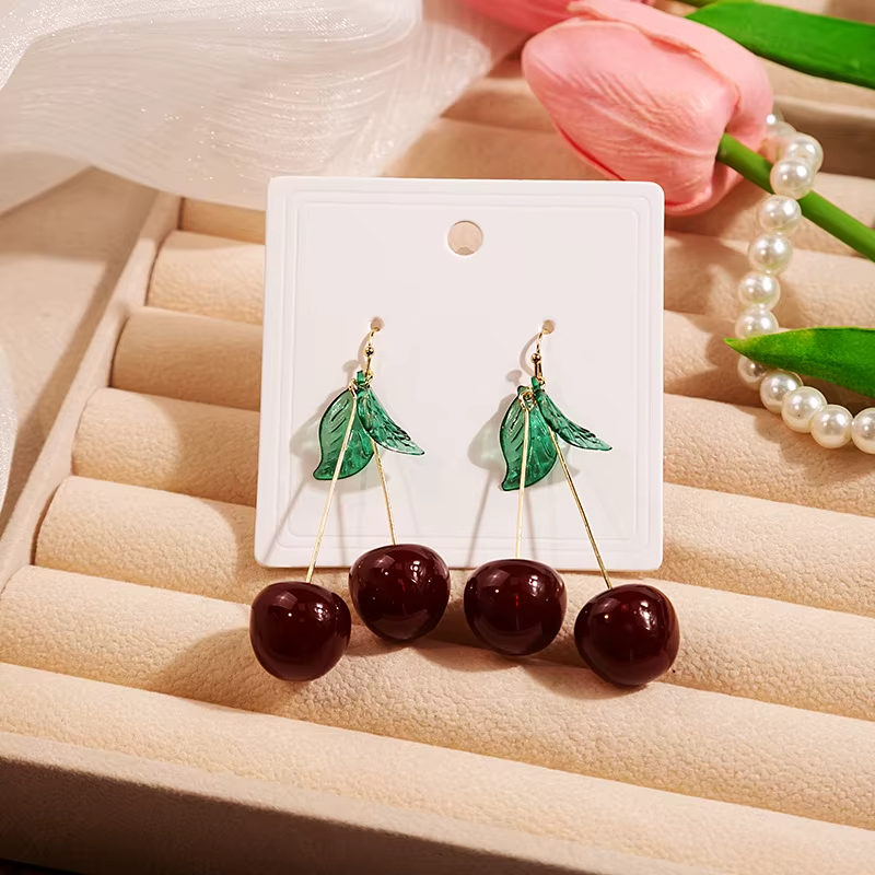 Cartoon Fruit Cherry Earrings Dangle Resin Earrings Acrylic Cute Student Exquisite Green Leaf Korean Earrings Wholesale Jewelry