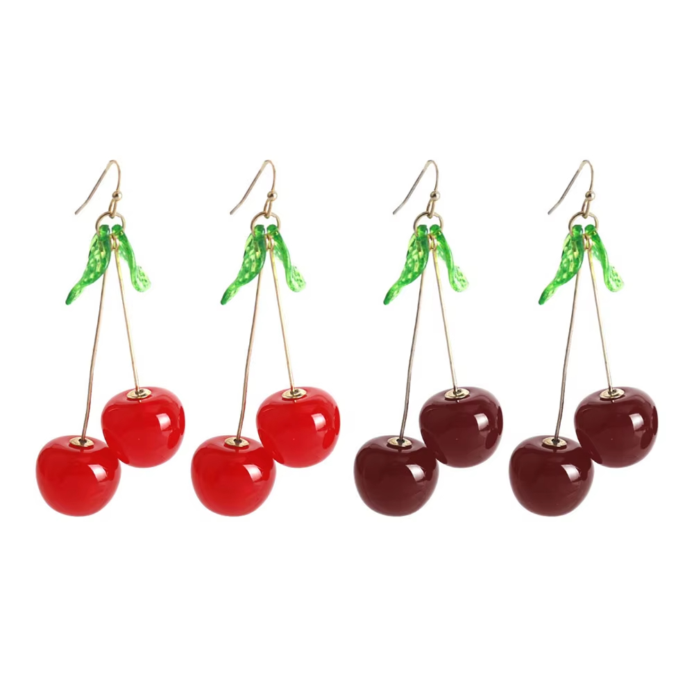 Cartoon Fruit Cherry Earrings Dangle Resin Earrings Acrylic Cute Student Exquisite Green Leaf Korean Earrings Wholesale Jewelry