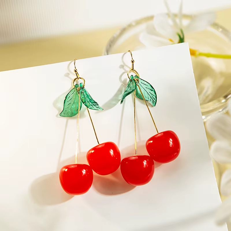 Cartoon Fruit Cherry Earrings Dangle Resin Earrings Acrylic Cute Student Exquisite Green Leaf Korean Earrings Wholesale Jewelry