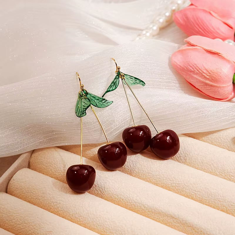 Cartoon Fruit Cherry Earrings Dangle Resin Earrings Acrylic Cute Student Exquisite Green Leaf Korean Earrings Wholesale Jewelry