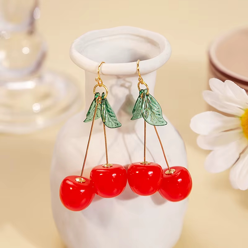Cartoon Fruit Cherry Earrings Dangle Resin Earrings Acrylic Cute Student Exquisite Green Leaf Korean Earrings Wholesale Jewelry