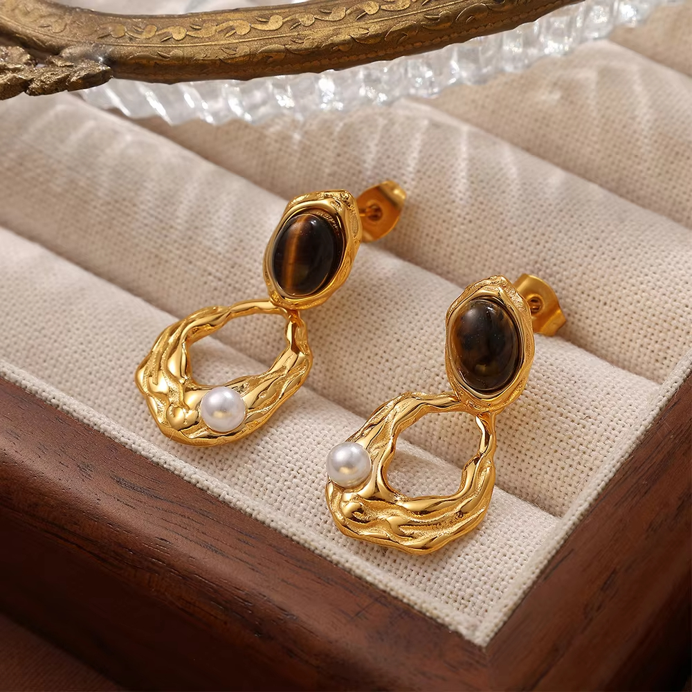 Casual Elegant Dignified Ear Jewelry Women's Tiger Eye Stone Metal Earrings Niche Design Simple Versatile Stainless Steel Brass
