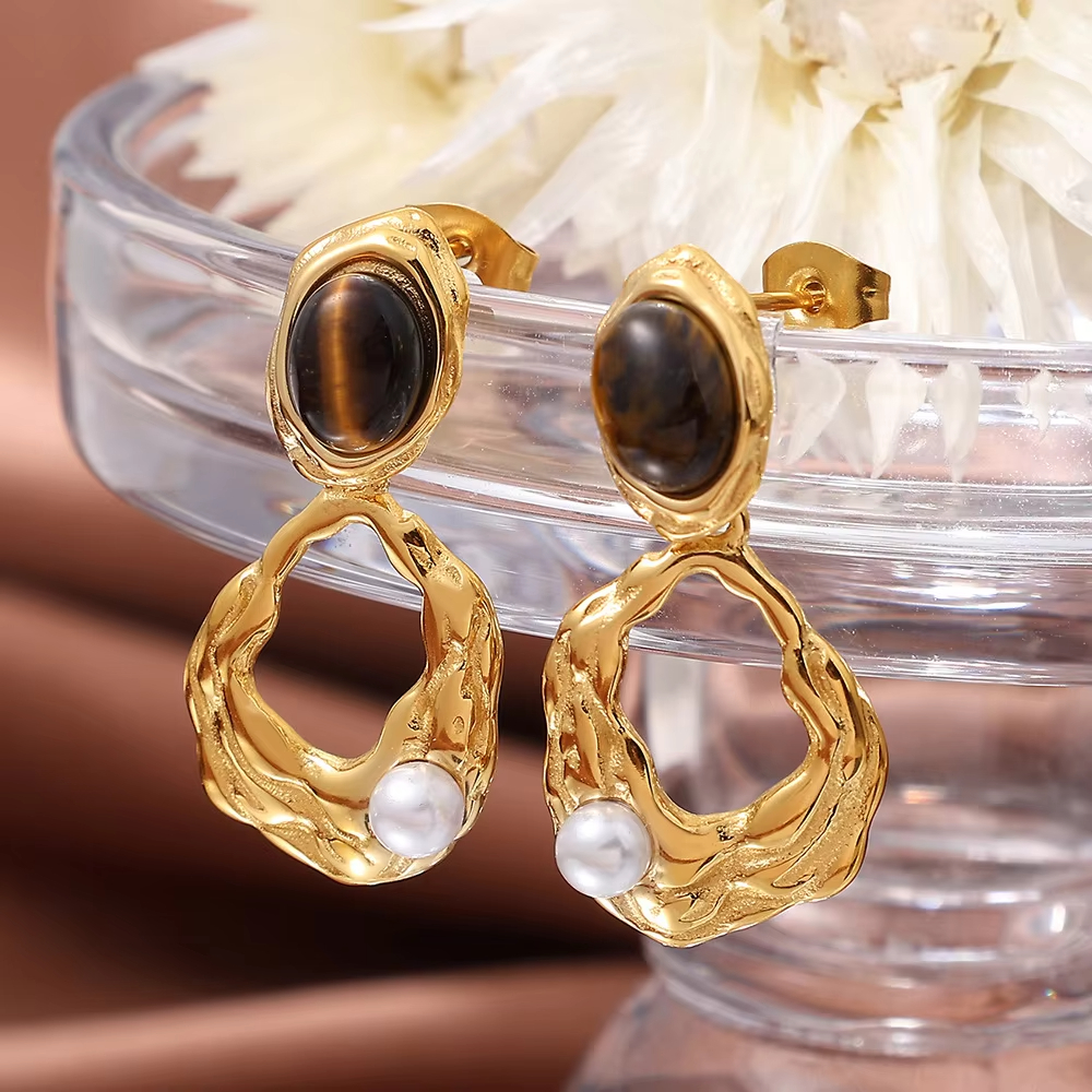 Casual Elegant Dignified Ear Jewelry Women's Tiger Eye Stone Metal Earrings Niche Design Simple Versatile Stainless Steel Brass