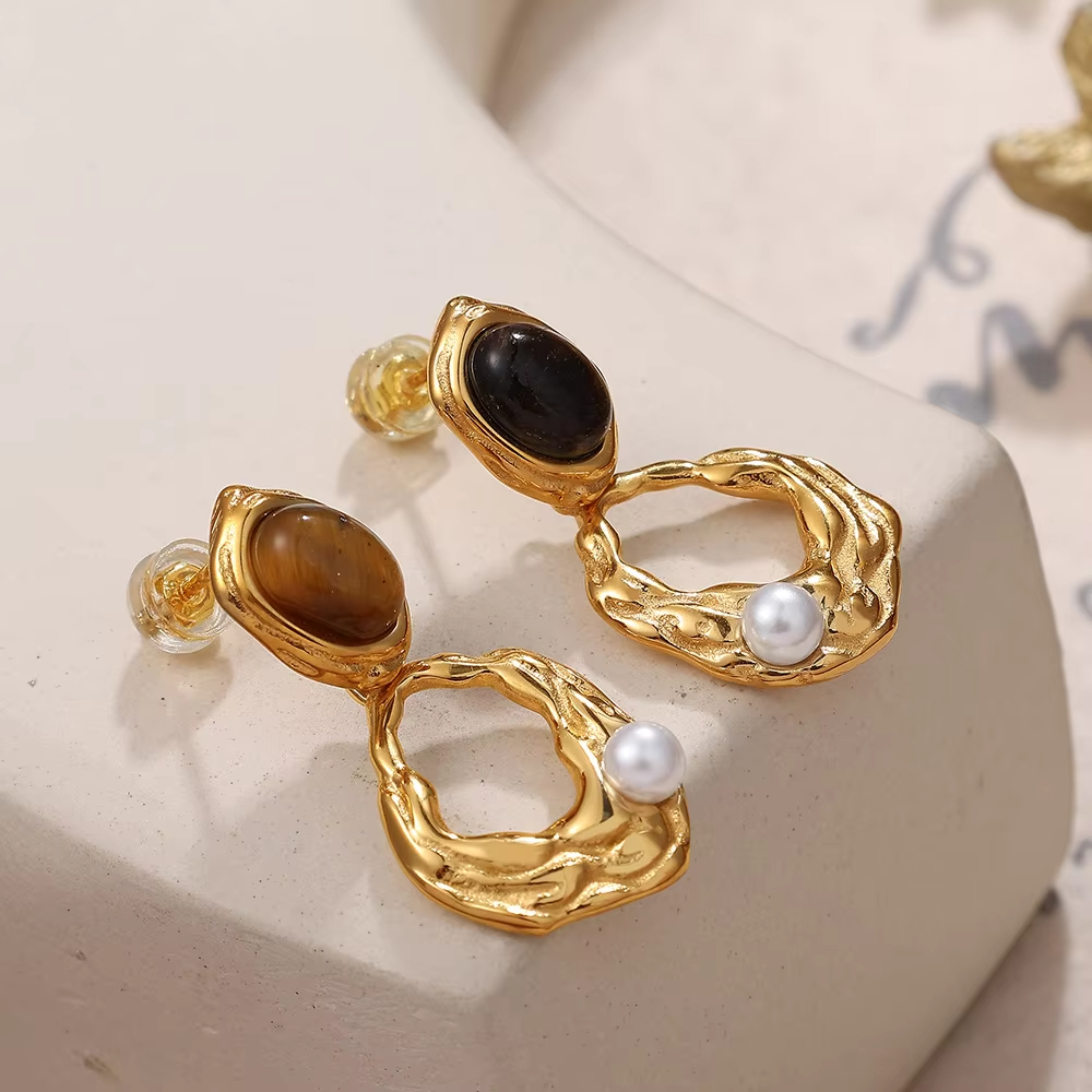 Casual Elegant Dignified Ear Jewelry Women's Tiger Eye Stone Metal Earrings Niche Design Simple Versatile Stainless Steel Brass