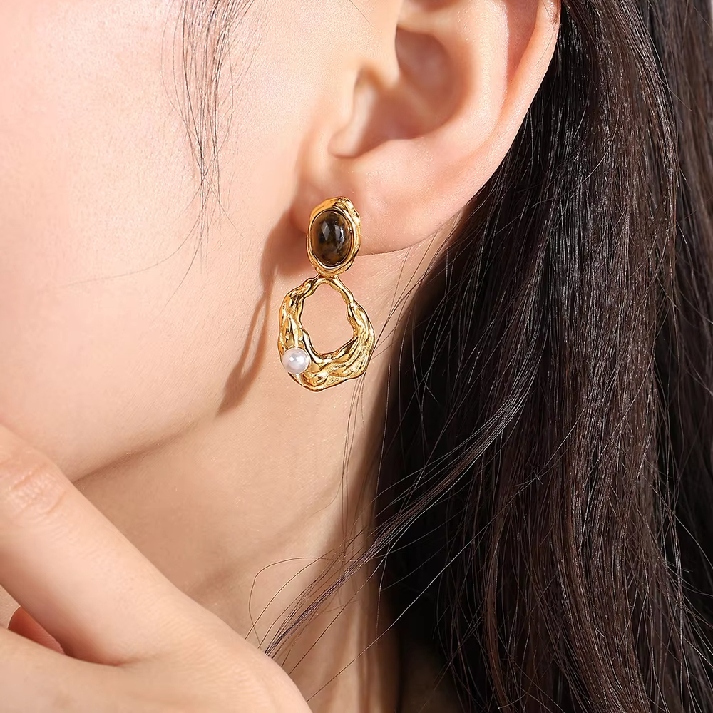 Casual Elegant Dignified Ear Jewelry Women's Tiger Eye Stone Metal Earrings Niche Design Simple Versatile Stainless Steel Brass