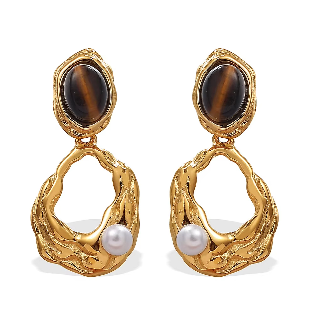 Casual Elegant Dignified Ear Jewelry Women's Tiger Eye Stone Metal Earrings Niche Design Simple Versatile Stainless Steel Brass