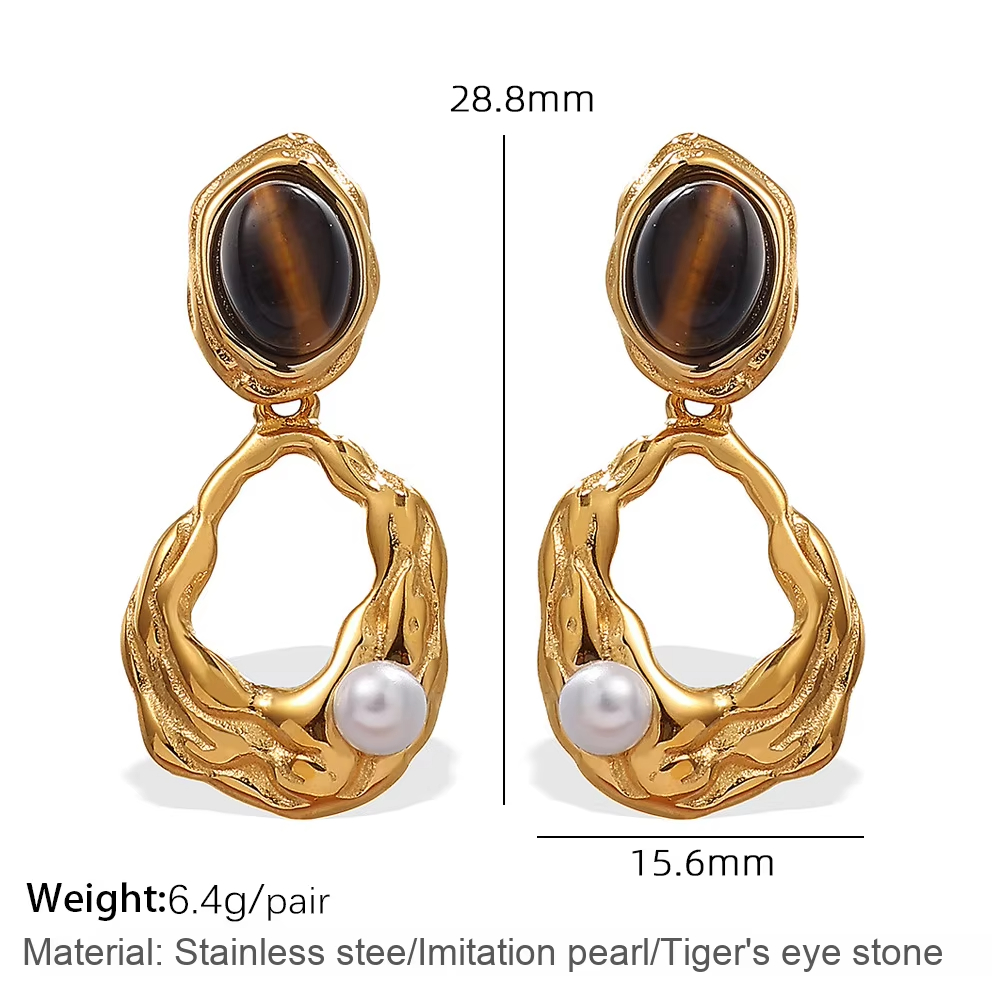 Casual Elegant Dignified Ear Jewelry Women's Tiger Eye Stone Metal Earrings Niche Design Simple Versatile Stainless Steel Brass