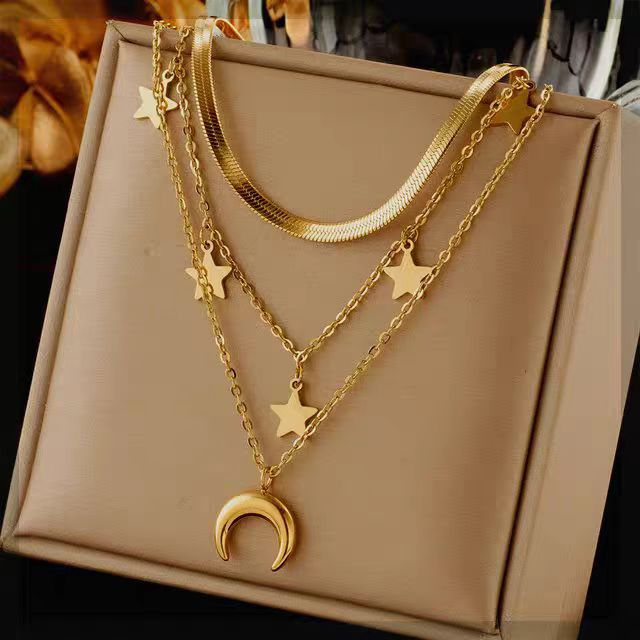Celestial Layered Necklace with Moon and Star Pendants – Gold Boho Jewelry for Women