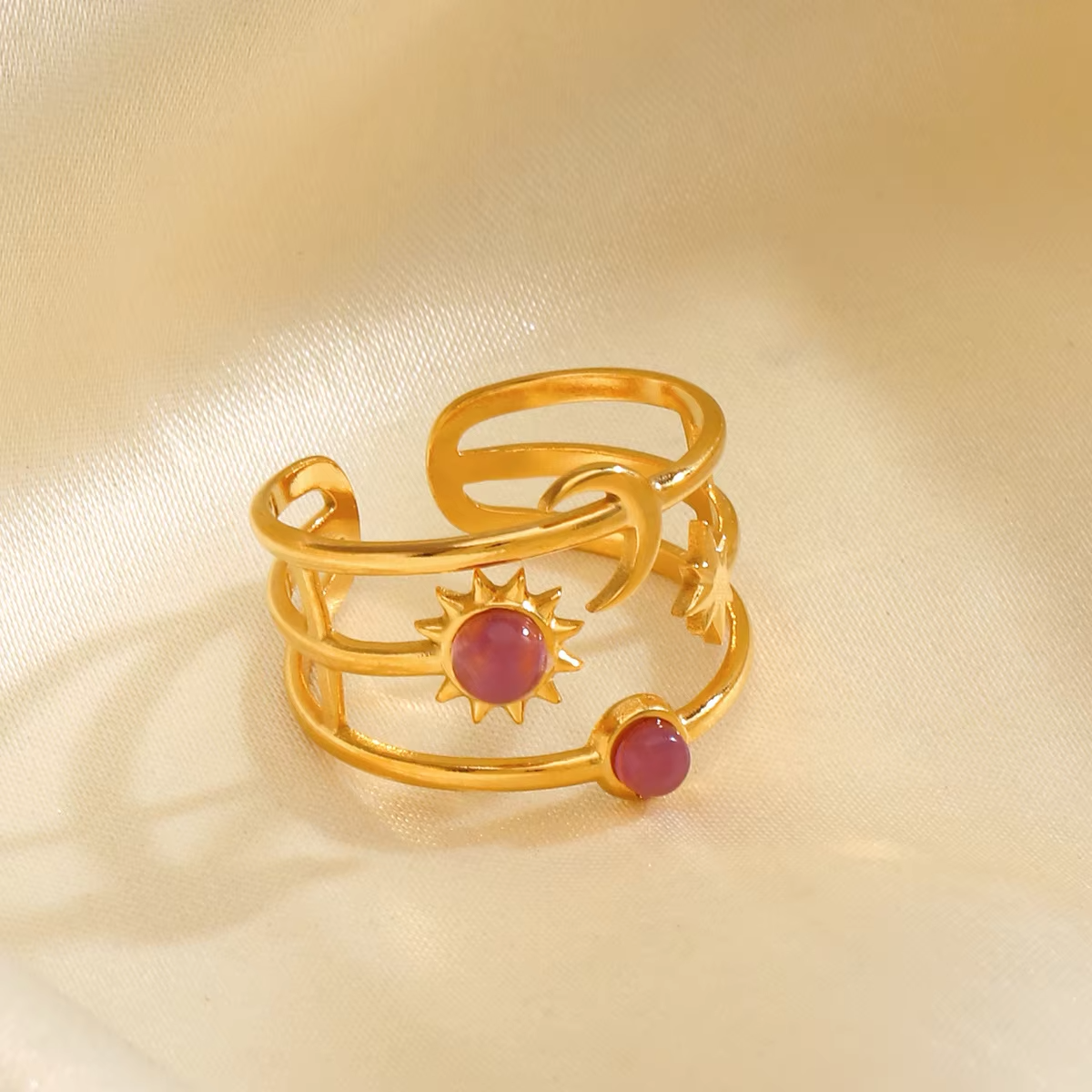 Celestial Retro Open Ring – Sun Moon Star Resin Inlaid Adjustable Jewelry