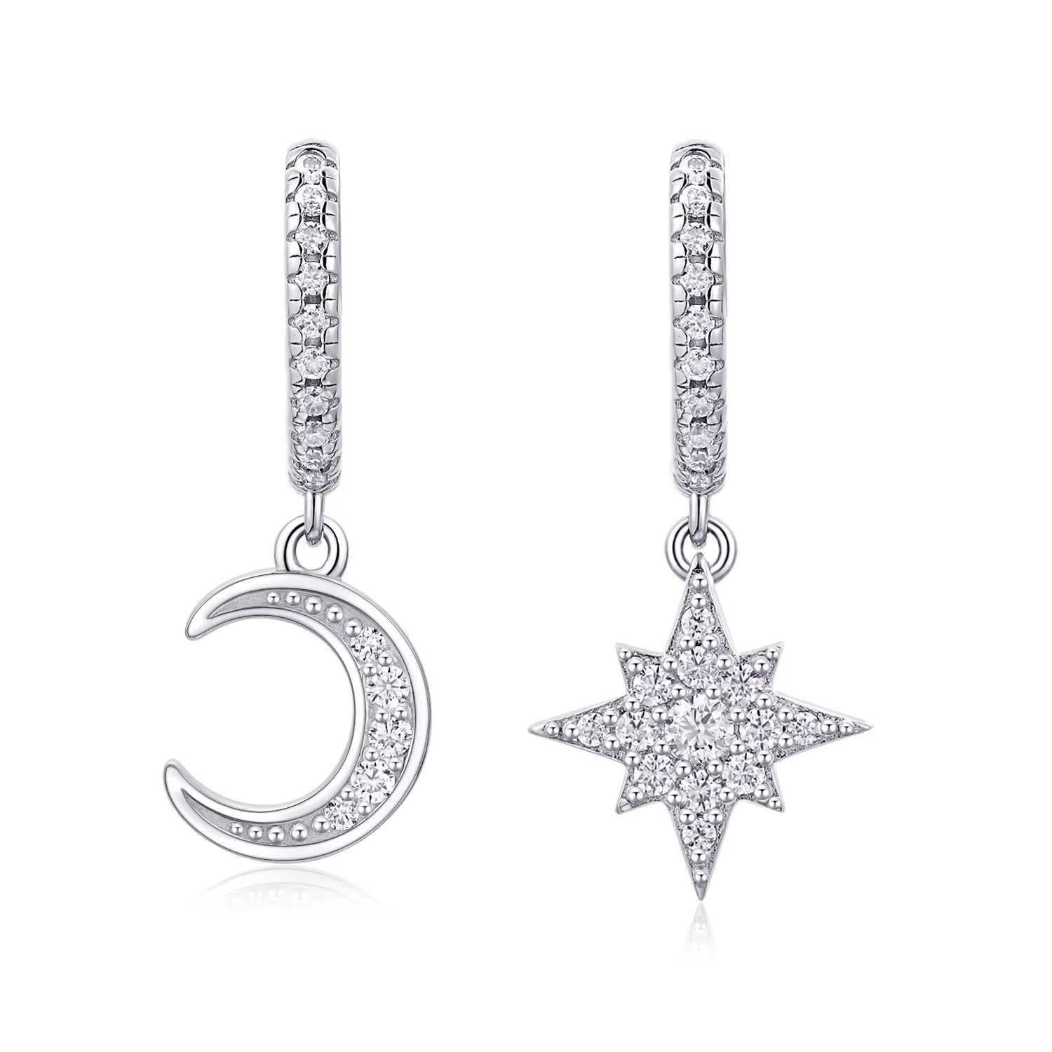 Celestial Silver Hoop Earrings with Moon and Star Design – Constellation Earrings, Princess Earrings, Real Diamond Earrings Price Inspired, Small Drop Earrings for Elegant Looks