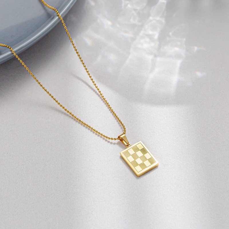 Gold Rectangular Checkerboard Pendant Necklace – Titanium Steel