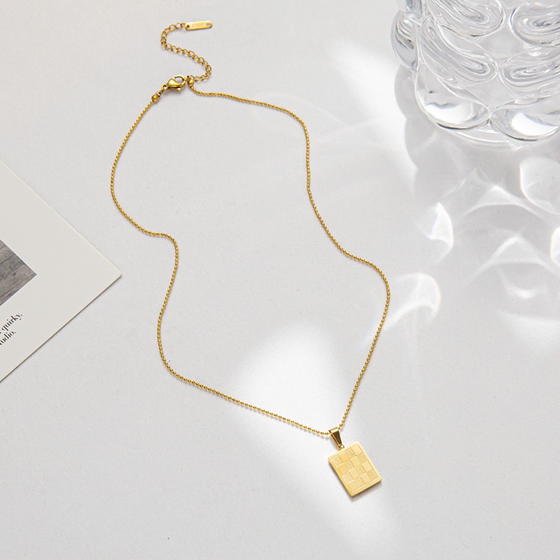 Gold Rectangular Checkerboard Pendant Necklace – Titanium Steel
