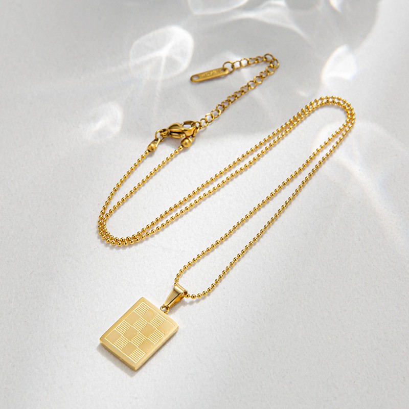 Gold Rectangular Checkerboard Pendant Necklace – Titanium Steel