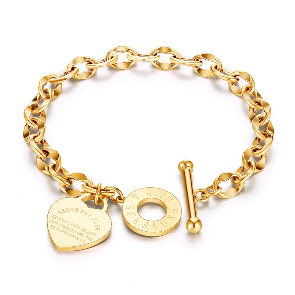 China Factory 316l Stainless Steel Jewelry Rose Gold Heart Shape Bracelets for Women the Holy Bible Proverbs
