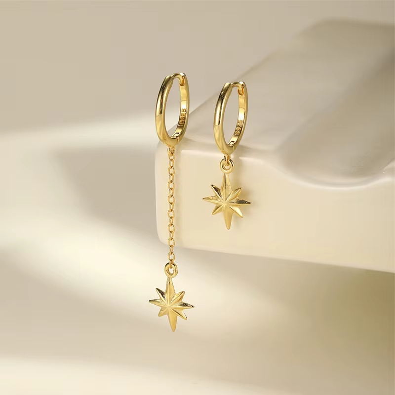 Asymmetric Jewelry 925 Sterling Silver Six-Pointed Star Tassel Drop Earring Women Fashion Wedding Anniversary Gifts