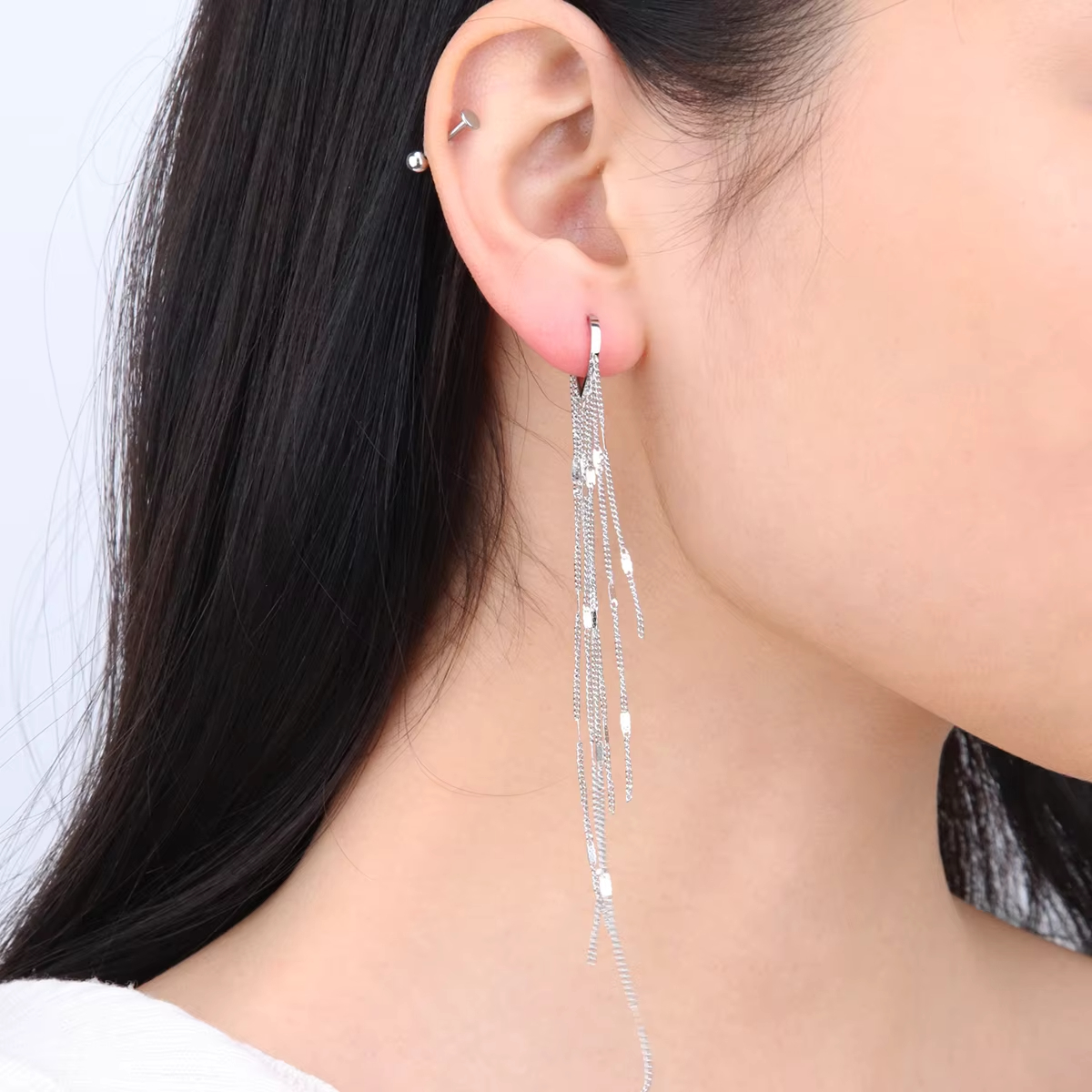 Chris April 316L Stainless Steel Flowing Multi-layered Tassel Drop Dangle Earrings for Women