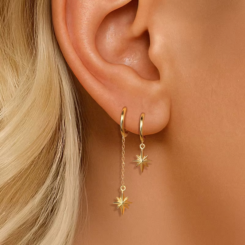 Asymmetric Jewelry 925 Sterling Silver Six-Pointed Star Tassel Drop Earring Women Fashion Wedding Anniversary Gifts