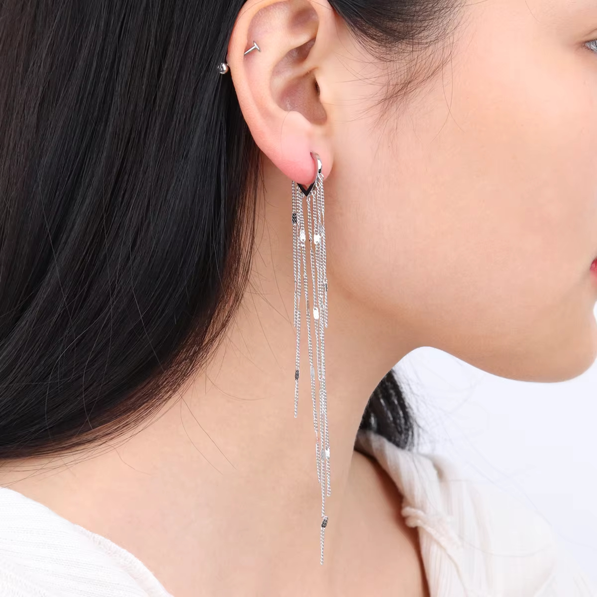 Chris April 316L Stainless Steel Flowing Multi-layered Tassel Drop Dangle Earrings for Women