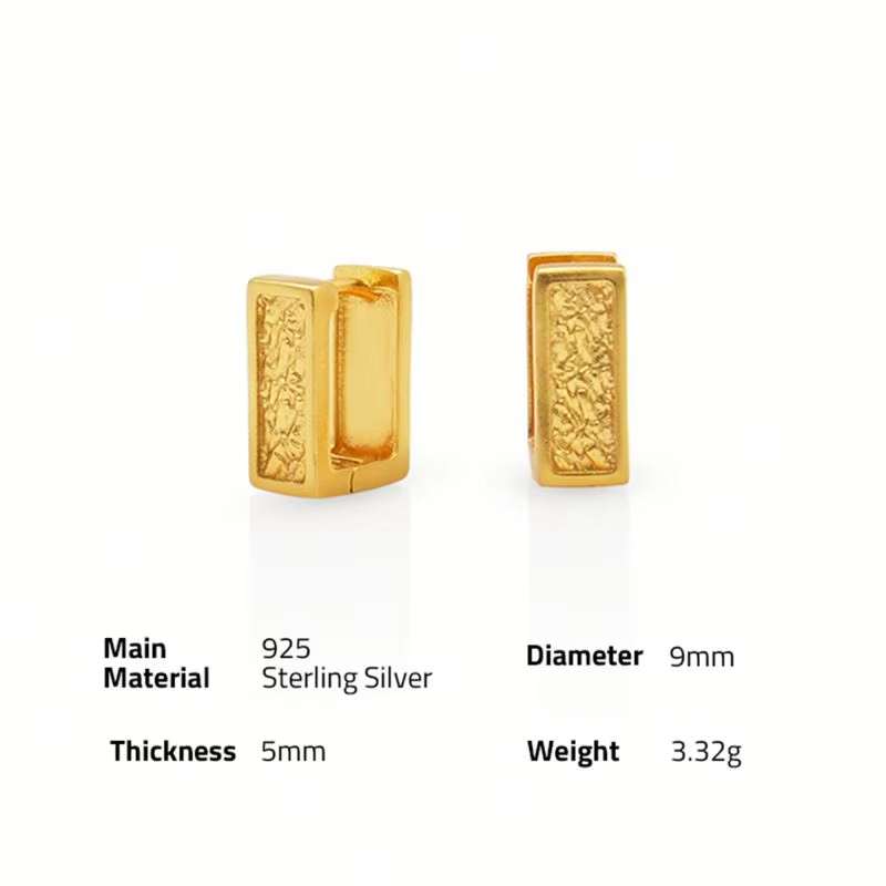 Chris April in Stock Fine Jewelry 925 Sterling Silver Gold Plated square Texture Huggie Earrings