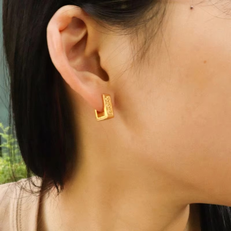 Chris April in Stock Fine Jewelry 925 Sterling Silver Gold Plated square Texture Huggie Earrings