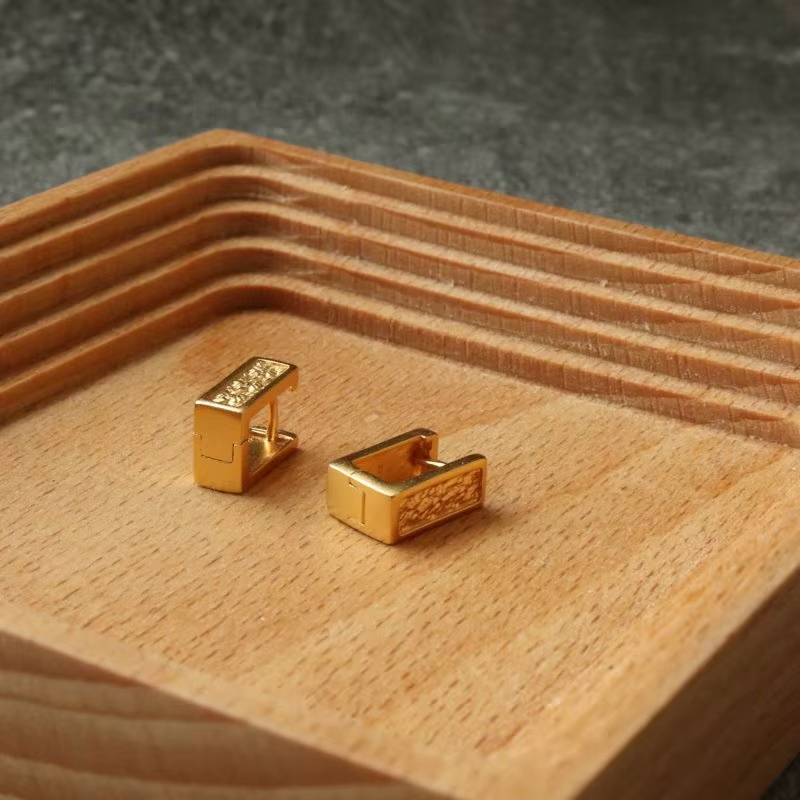 Chris April in Stock Fine Jewelry 925 Sterling Silver Gold Plated square Texture Huggie Earrings