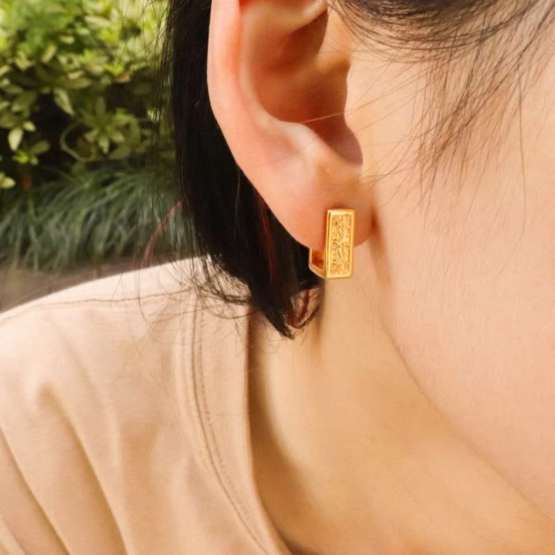 Chris April in Stock Fine Jewelry 925 Sterling Silver Gold Plated square Texture Huggie Earrings