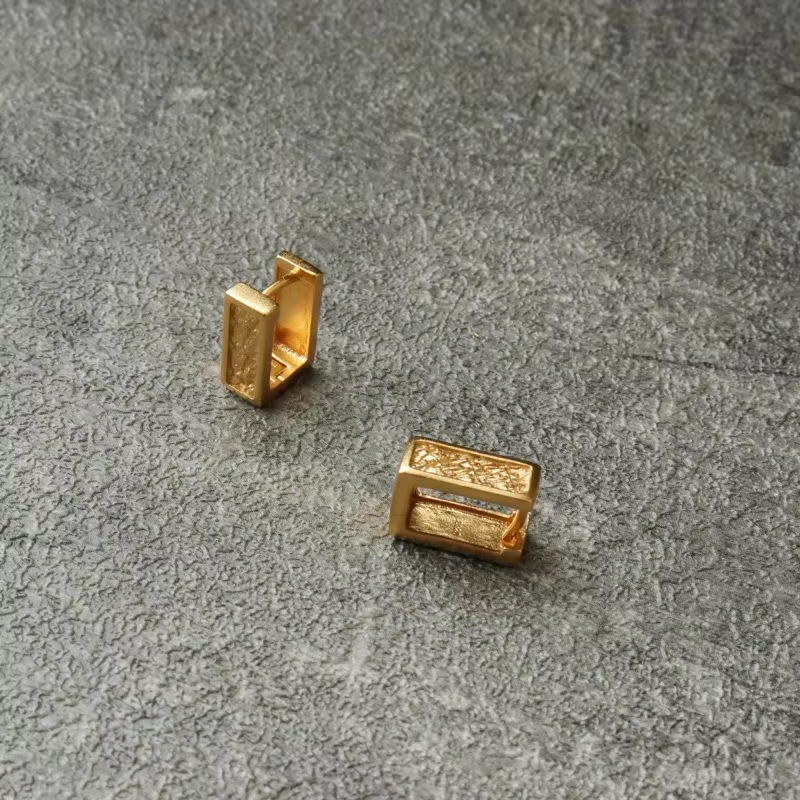 Chris April in Stock Fine Jewelry 925 Sterling Silver Gold Plated square Texture Huggie Earrings