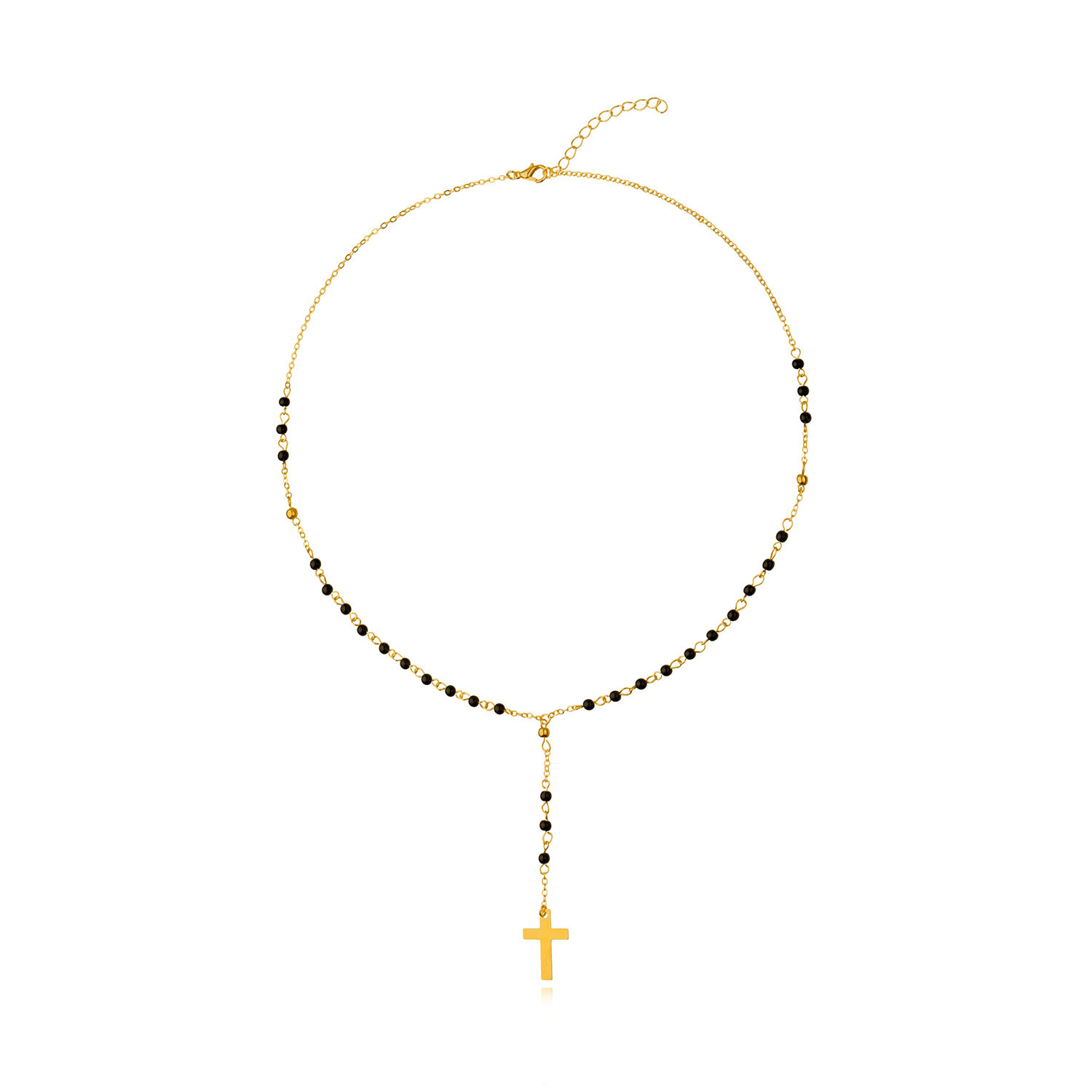 18K Gold Plated Stainless Steel Rosary Cross Necklace, Black Beaded Religious Pendant Jewelry for Men and Women