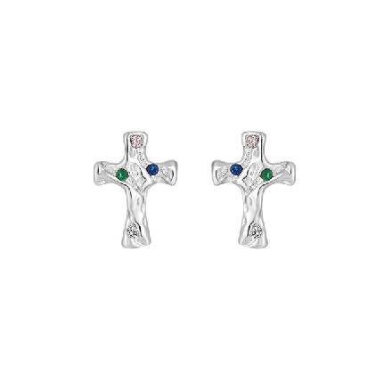 Handmade Sterling Silver Textured Cross Stud Earrings with Colored Zirconia