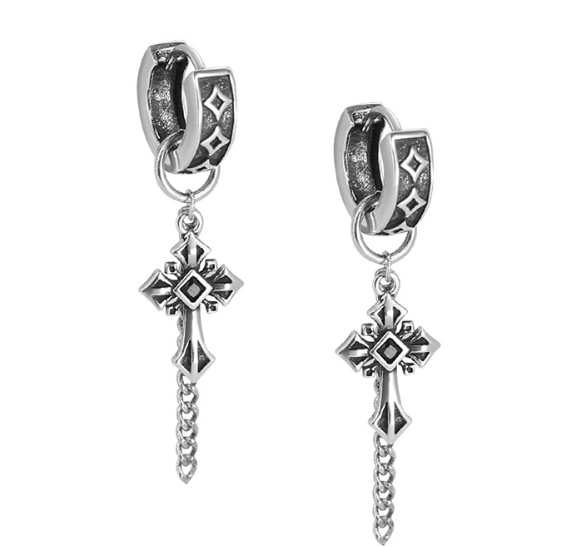 Gothic Cross Dangle Earrings – Vintage Punk Stainless Steel Hoop Earrings with Chain for Men and Women