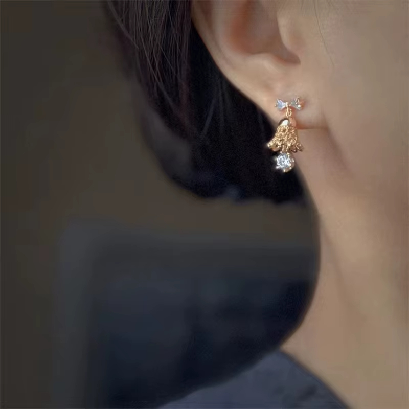 Christmas Style Sweet Cute Bell Bow Natural Stone Electroplated Earrings Niche Design Light Luxury Versatile Gift