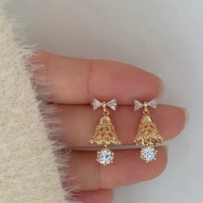 Christmas Style Sweet Cute Bell Bow Natural Stone Electroplated Earrings Niche Design Light Luxury Versatile Gift
