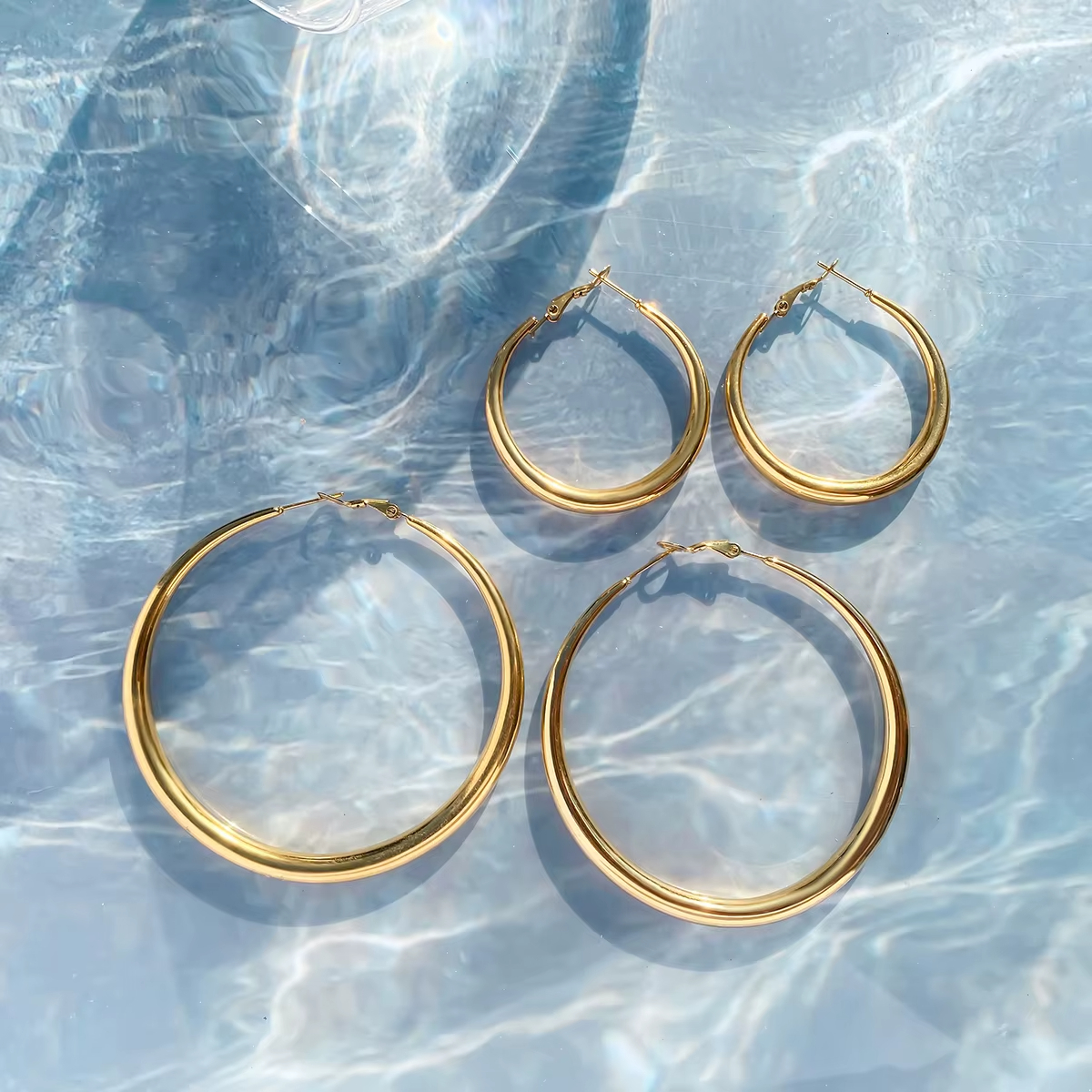 Classic 14K Gold Stainless Steel Round Hollow Polished Plain 40mm 65mm Statement Hoop Earrings