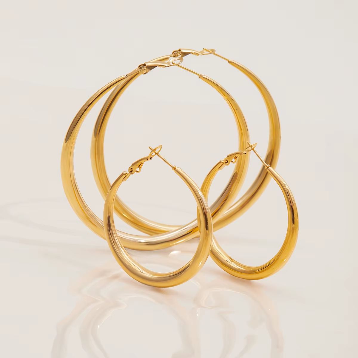 Classic 14K Gold Stainless Steel Round Hollow Polished Plain 40mm 65mm Statement Hoop Earrings