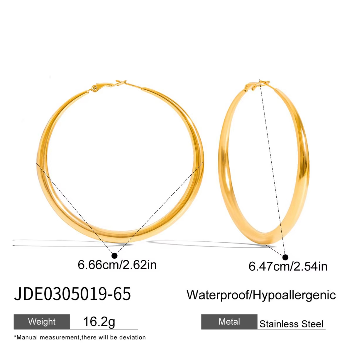 Classic 14K Gold Stainless Steel Round Hollow Polished Plain 40mm 65mm Statement Hoop Earrings