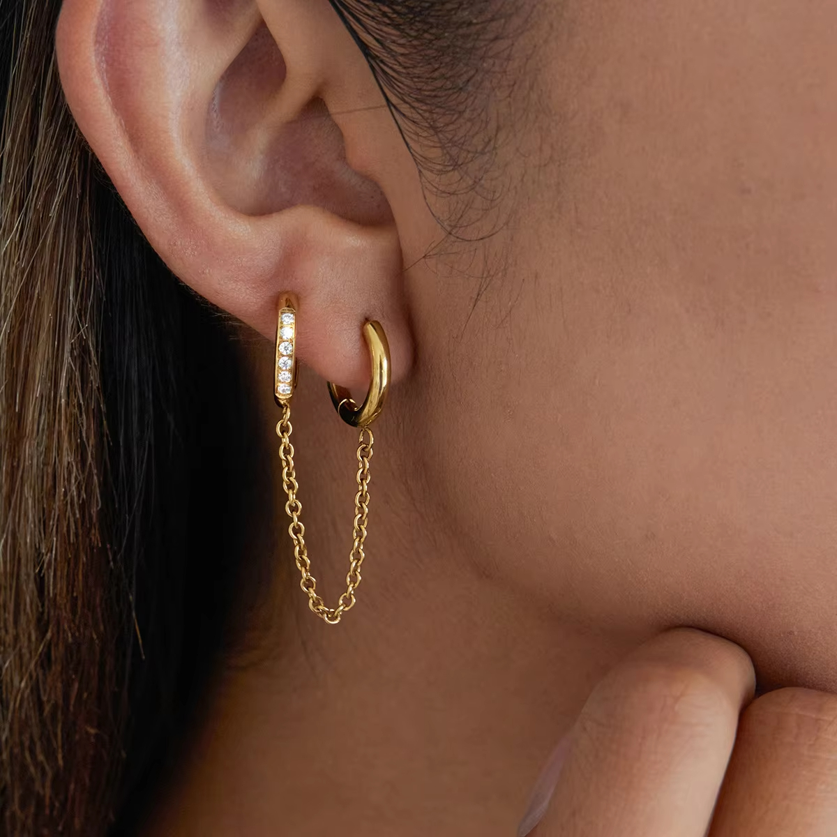 Classic 18K Gold Stainless Steel Zircon Double-Ring Tassel Earrings Trendy Heart-Shaped Earring Accessory Light Luxury High-End