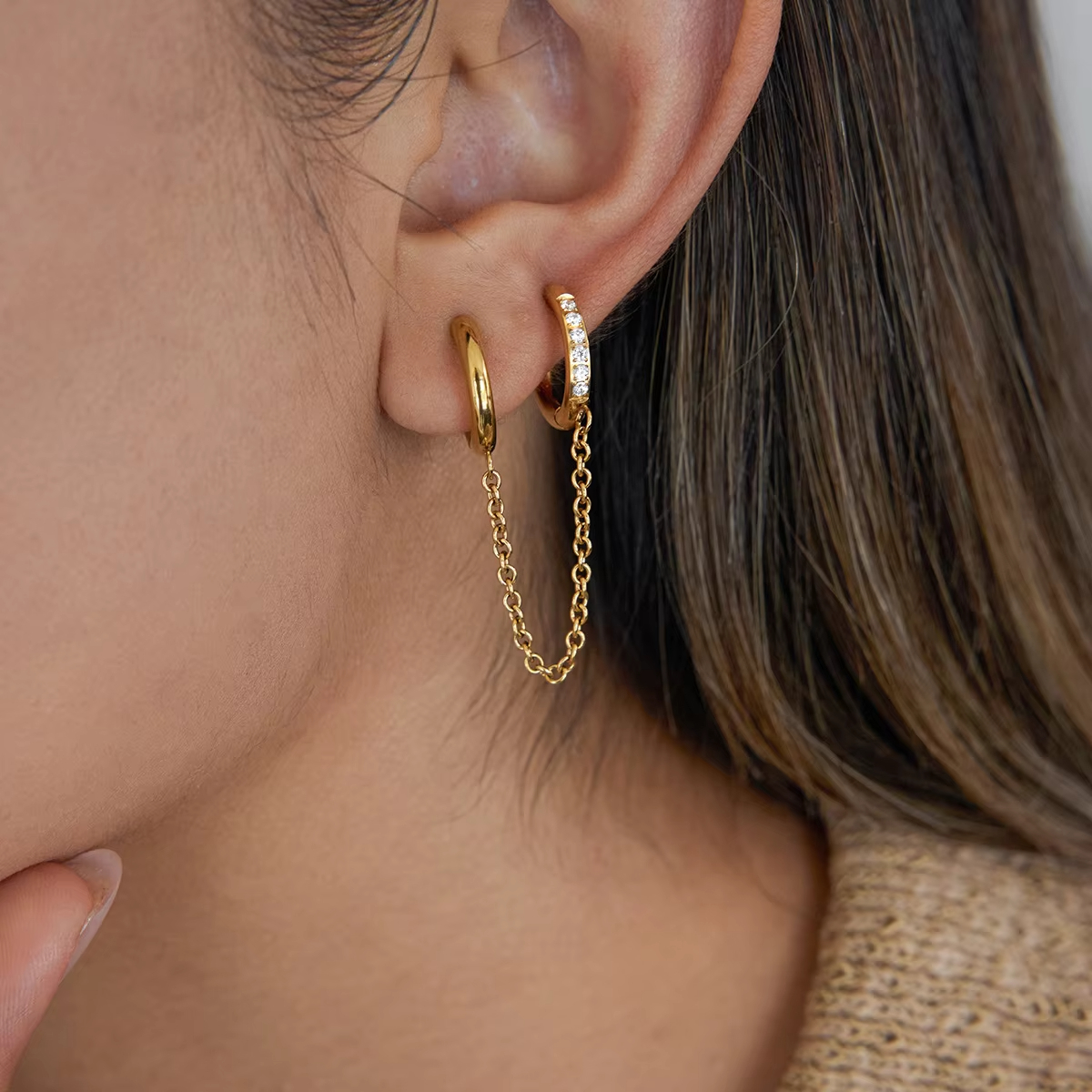 Classic 18K Gold Stainless Steel Zircon Double-Ring Tassel Earrings Trendy Heart-Shaped Earring Accessory Light Luxury High-End