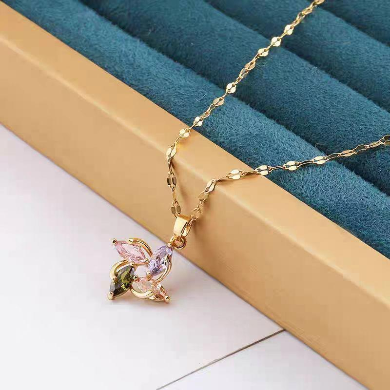 Colorful Crystal Flower Pendant Necklace – Multicolor Cubic Zirconia