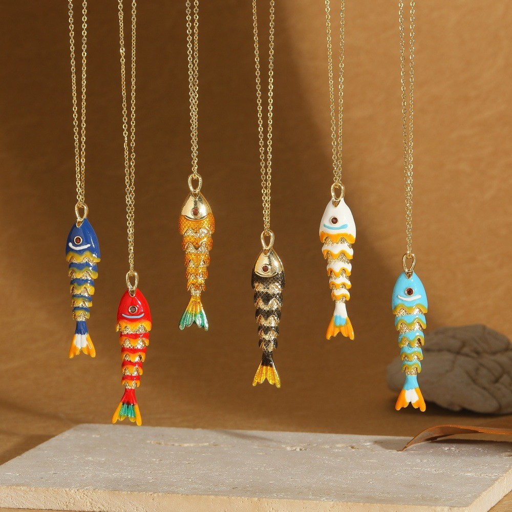 Colorful Fishbone Pendant Necklace for Women Gold Tone Copper Chain