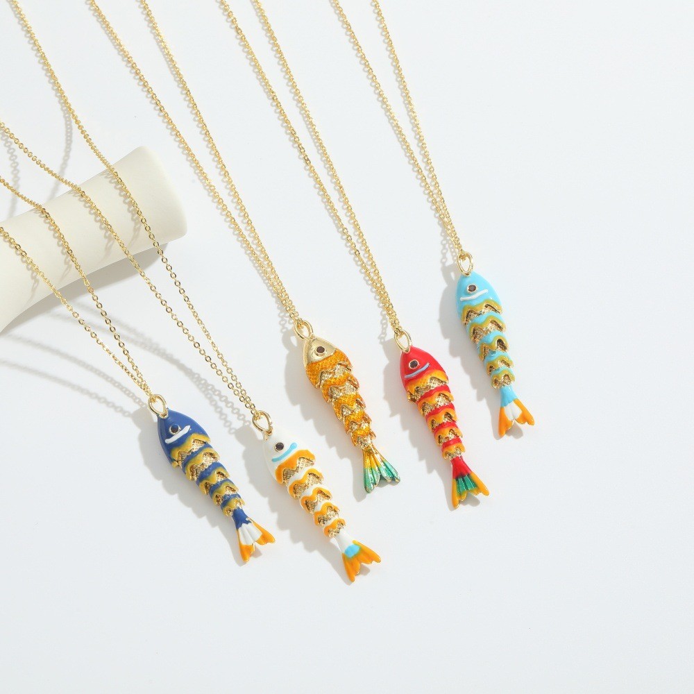 Colorful Fishbone Pendant Necklace for Women Gold Tone Copper Chain