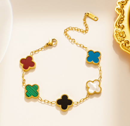 Colorful Four Leaf Clover Gold Plated Stainless Steel Bracelet Jewelry