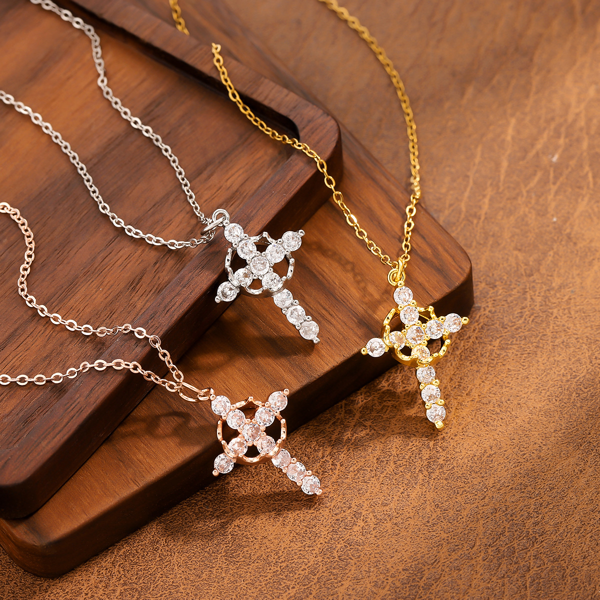 Colorful Zircon Cross Necklace stainless steel Gold Silver Pendant Chain for Women Sparkling cross jewelry