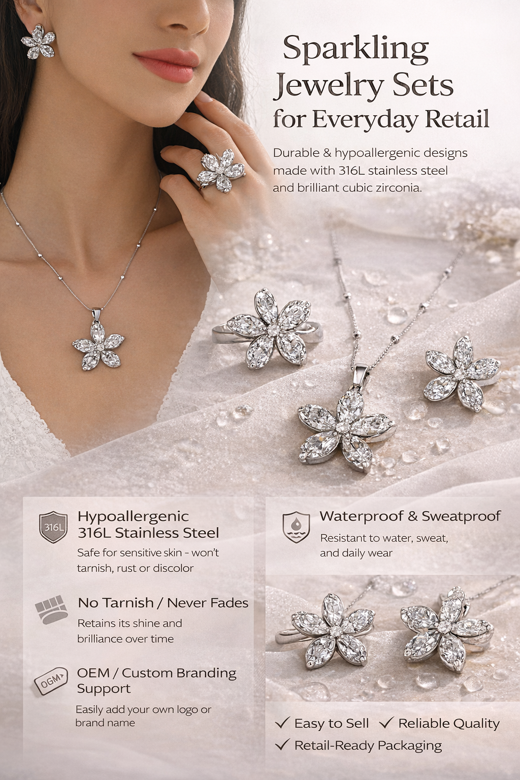 Luxury Flower Stainless Steel Jewelry Set Necklace Earrings Ring Crystal Bridal Jewelry