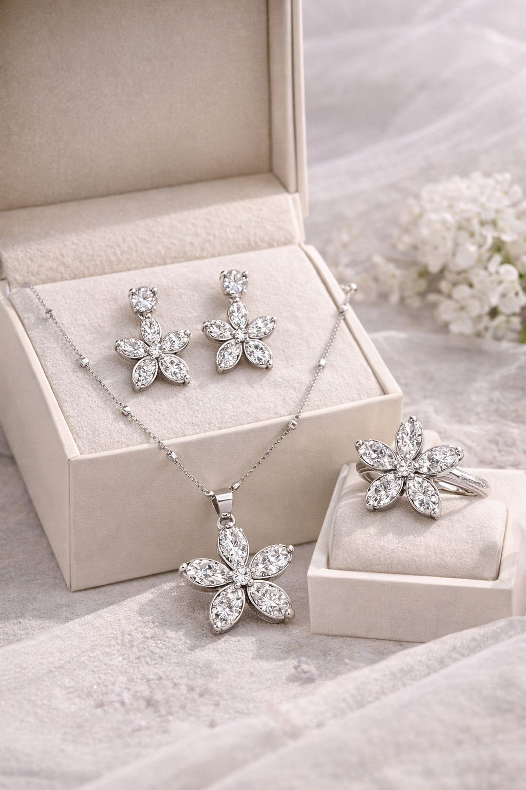 Luxury Flower Stainless Steel Jewelry Set Necklace Earrings Ring Crystal Bridal Jewelry