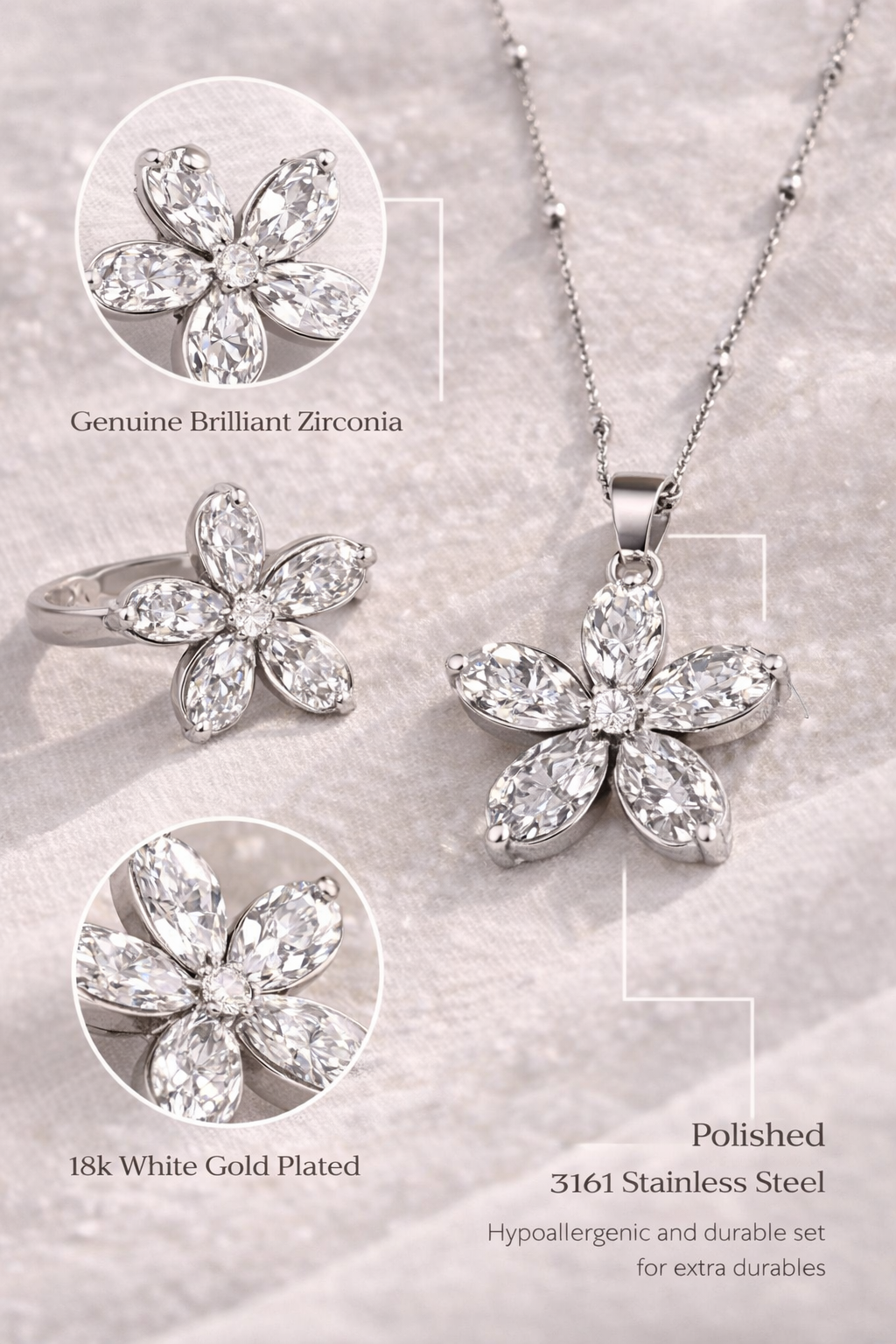 Luxury Flower Stainless Steel Jewelry Set Necklace Earrings Ring Crystal Bridal Jewelry