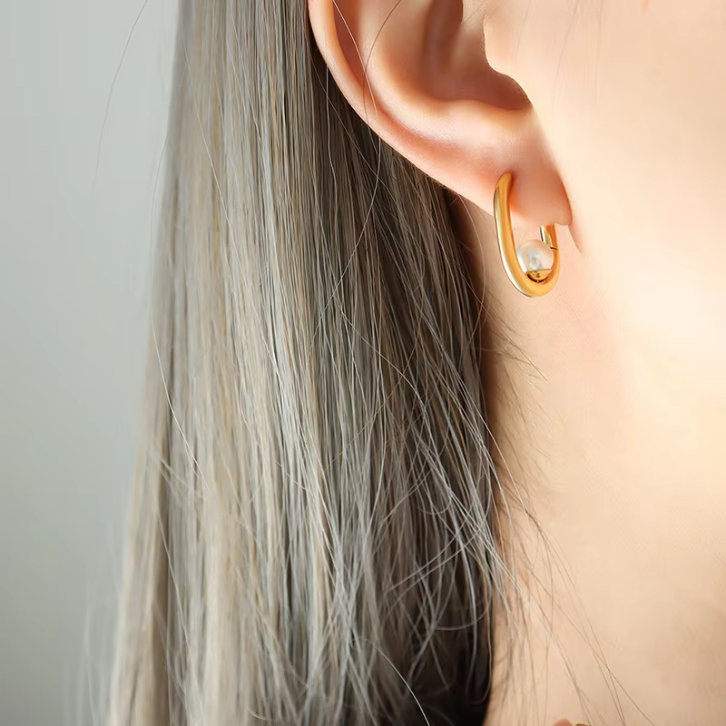 Creative Customizable 18K Gold Plated Brass Geometric Huggie Earrings Pearl Agate Stone Trendy Women's Fashion Jewelry Certified